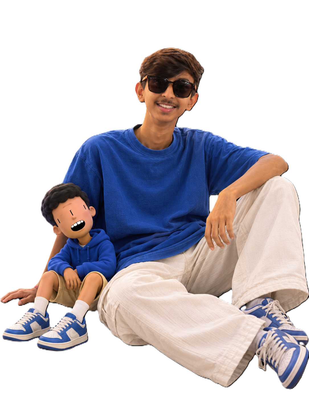 Sujal sitting cross-legged on the floor, smiling, with his small 3D character sitting on his knee